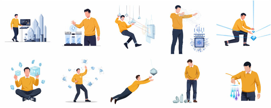 Set of flat vector illustrations depicting a man interacting with quantum computing, advanced technology, and futuristic scientific concepts.