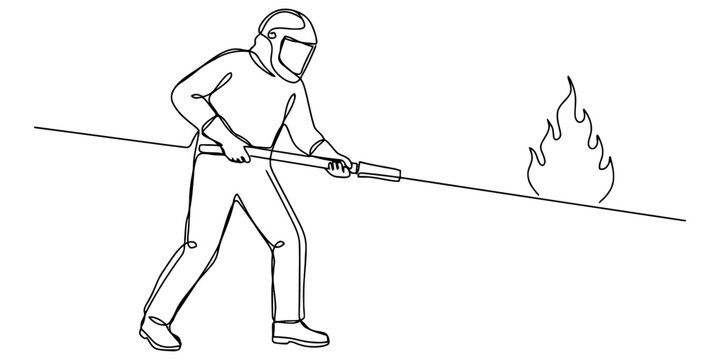 Firefighter in protective gear holding a fire hose to extinguish a flame drawn in a continuous line art style Vector, illustration
