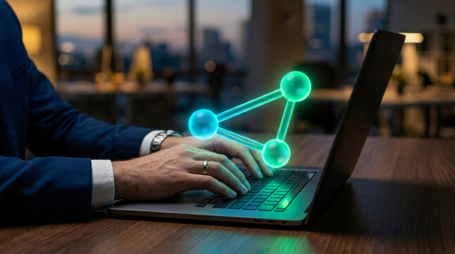 Businessman working on a laptop with a glowing digital network connection icon hovering above the keyboard