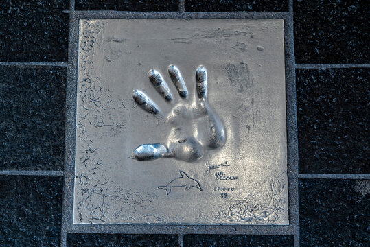 steel handprint and signature of Luc Besson in the Path of the Stars ("Chemin des &Eacute;toiles") in Cannes, France