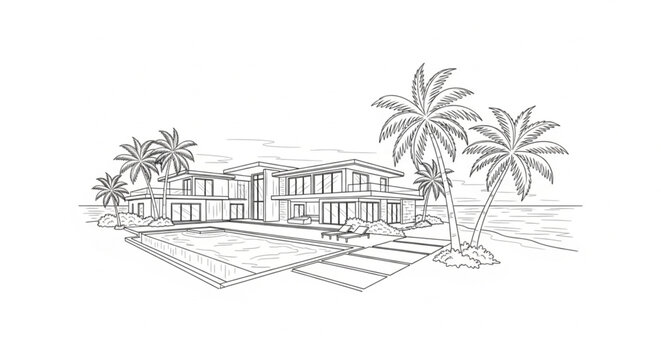 Modern Tropical House with Palm Trees.