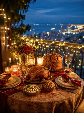 Brasilianisches Weihnachtsdinner mit Meerblick
Festlicher Balkontisch mit Truthahn, Panettone, Kerzen, Lichterketten und n&auml;chtlichem Blick auf eine K&uuml;stenstadt.
