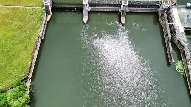 Aerial Top View of Hydroelectric Dam on the Moselle River