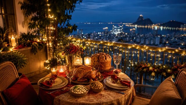 Brasilianisches Weihnachtsdinner mit Meerblick
Festlicher Balkontisch mit Truthahn, Panettone, Kerzen, Lichterketten und n&auml;chtlichem Blick auf eine K&uuml;stenstadt.