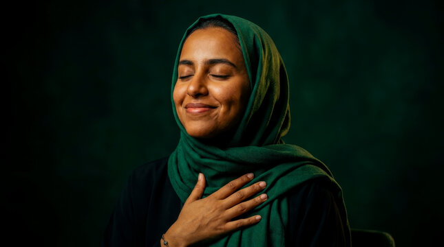 Portrait of a peaceful woman wearing a green hijab with eyes closed