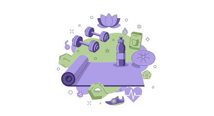 Naklejka premium Fitness and Wellness Flat Illustration with Yoga Mat, Dumbbells, Water Bottle, and Lotus Flower for Healthy Lifestyle Concept