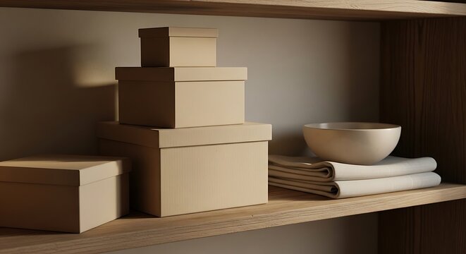Minimalist shelf display featuring 12 square boxes and elegant home decor items arranged neatly in a warm and inviting modern contemporary interior room