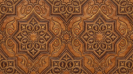 Fototapeta premium Intricate hand tooled leather texture with geometric star patterns and floral motifs in vintage style.