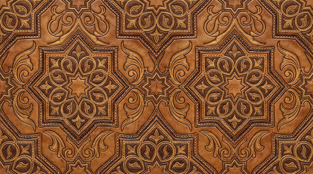 Intricate hand tooled leather texture with geometric star patterns and floral motifs in vintage style.