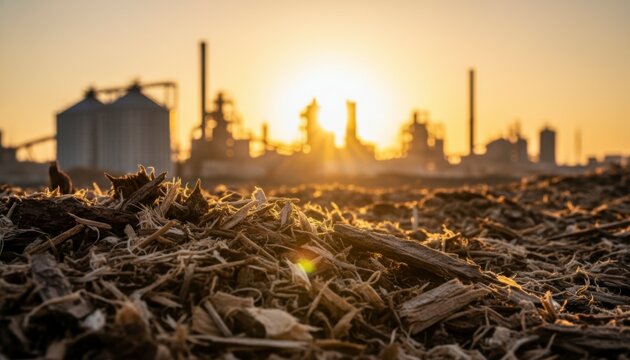 Wood chips pile in foreground with industrial factory silhouette at sunset