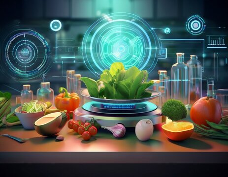 a modern culinary scene featuring fresh ingredients with digital food analysis for innovative cooking and health insights