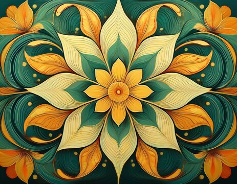 a painting of a flowery design with a yellow and green color scheme