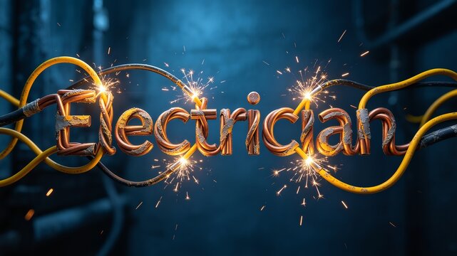 Glowing sparks flying from twisted exposed copper wires forming the word electrician on a dark industrial blue background with cables