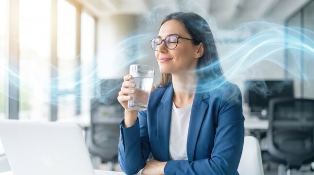 Happy businesswoman holding a glass of fresh water and closing eyes at her office desk with a cool airflow graphic.