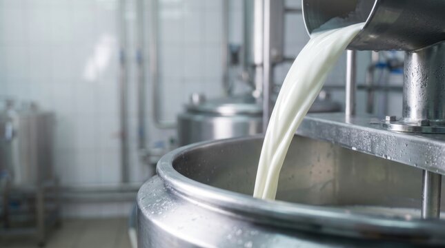Raw milk pouring from a stainless steel pipe into a processing tank at a dairy factory.