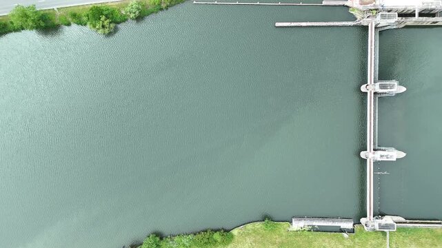 Aerial Top View of Hydroelectric Dam on the Moselle River