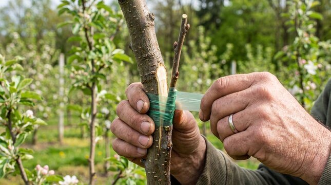 Close-up of gardeners grafting a cutting on the trunk of a young tree with a fixing transparent green tape in a flowering garden.