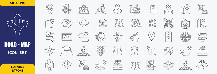 Obraz premium Road map icon set. Outline icons collection. Editable stroke. Vector illustration