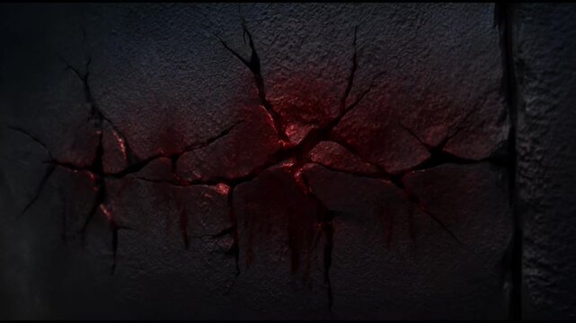Dramatic dark wall texture with glowing red cracks, abstract background of hot lava or energy breaking through stone
