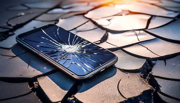shattered screen on a smart device a damaged smartphone lies on a cracked surface emphasizing the impact and devastation caused by an unexpected drop or accident