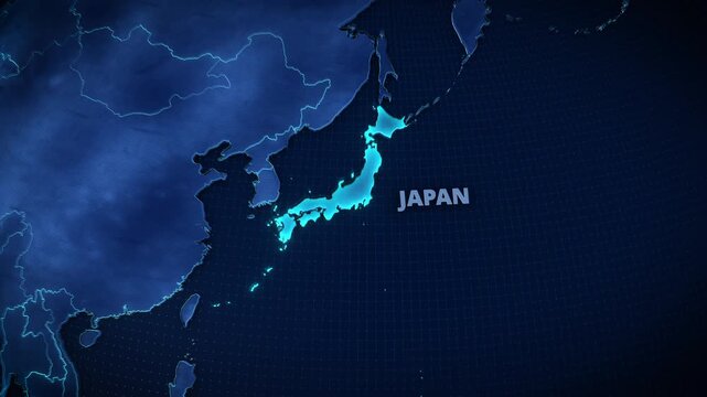 Holographic 3D digital map highlighting Japan in glowing cyan over a dark blue tech grid background, ideal for international business presentations, global logistics graphics, or news broadcasts.
