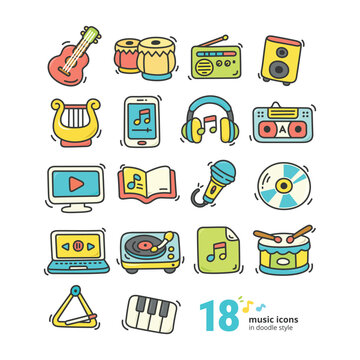 Cute Music Doodle Icon Set Vector. Hand Drawn Musical Instruments Line Art Collection