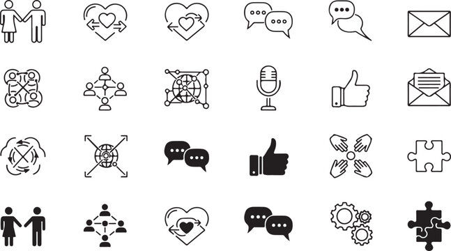 Icon set: communication connection community graphics with graphic design social media thumbs up communication connection community messaging teamwork collaboration partnership relationship