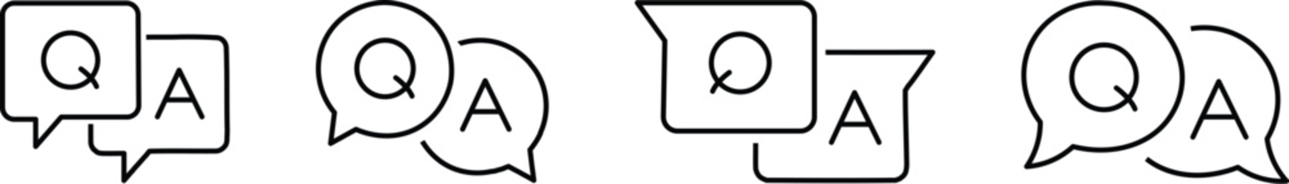 Language translation chat icons set. Each icon features overlapping speech bubbles containing the letters "Q" and "A," varying between square, rounded, and sharp talk bubble styles.