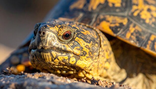 A close-up of a turtle's head and shell, showcasing its intricate patterns