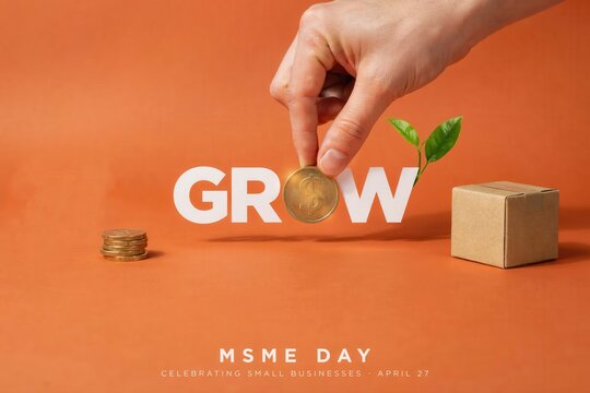 A hand placing a coin into the word 'GROW' with a plant sprouting near a block and coins on an orange background for MSME Day.
