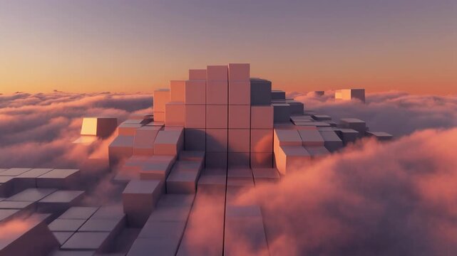 3D animation of a futuristic cityscape above clouds at sunset. Stacked gray cubes forming a metropolis. Soft pink and orange clouds.