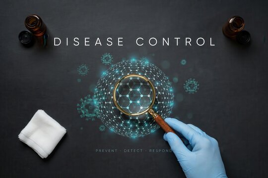 A gloved hand examines a microscopic virus with a magnifying glass on a dark surface with medical supplies.