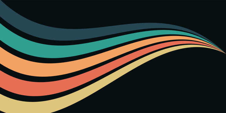 Abstract colorful 70s background vector. Vintage retro wallpaper with rainbow stripes and wavy lines. A 1970 color illustration suitable for posters, banners, decorative items and wall art.