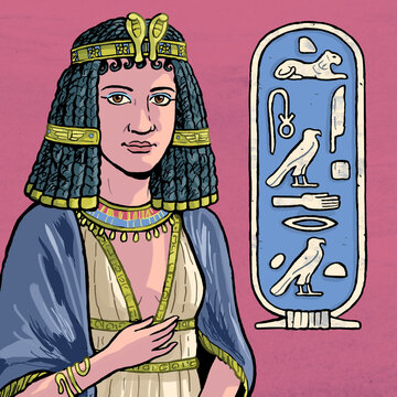Cleopatra VII with her name in hieroglyphs, color illustration