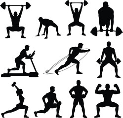 Naklejka premium Athletic silhouette collection during fitness training with weights and machines vector illustration