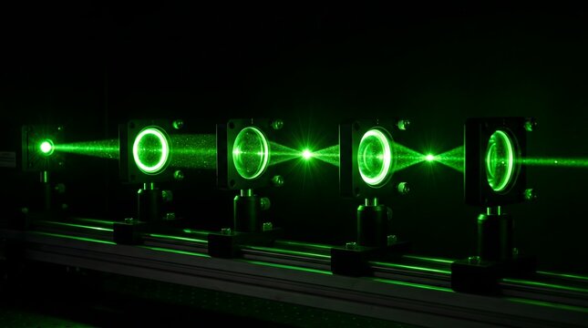 A brilliant green laser beam aligns and refines its path through a series of optical lenses, symbolizing the journey of raw thoughts transforming into sharp focus and clear vision.
