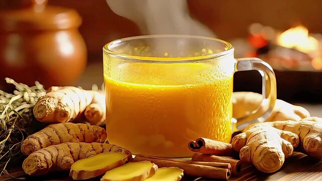 Warm golden turmeric tea in a glass mug served with fresh ginger roots and cinnamon sticks