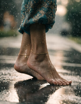 Woman's Bare Feet Walking in Rain with Anklets