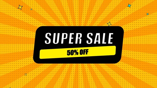 Super sale 50 percent off promotion badge on rotating orange sunburst background with halftone dots and flickering stars for marketing advertising.