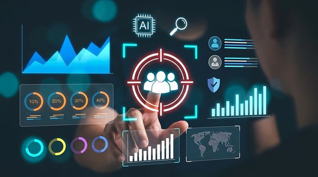 Futuristic AI interface displaying global data analytics and user engagement metrics on a digital screen