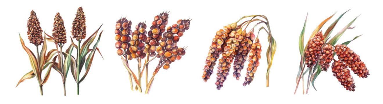 Set of Watercolor, Minimal yet artistic elements for creative designs. hand-drawn paint, Simple Illustration, A beautiful painting of sorghum grains, EPS format, isolated on a white background