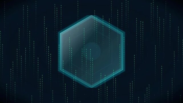 Futuristic Digital Hexagon Interface with Falling Binary Code Data Stream on Dark Blue Background