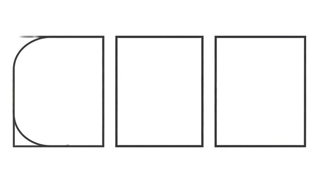 Graphic with three adjacent shapes a rectangle with rounded corner and two squares, set on a white background
