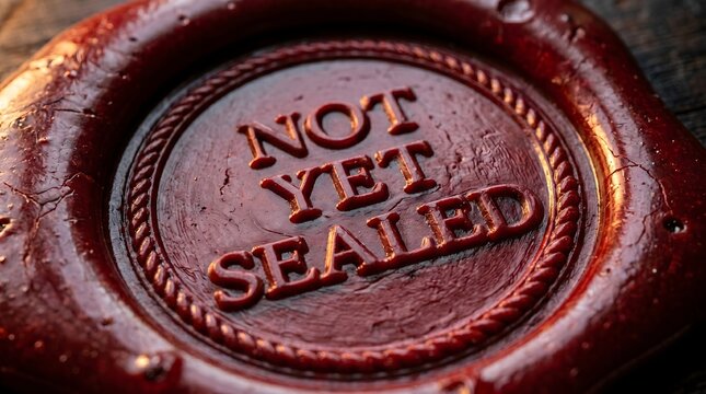 A deep-red wax seal stamped with the paradoxical phrase 'NOT YET SEALED' serves as a powerful metaphor for unfinished business, ongoing negotiations, and pending decisions.