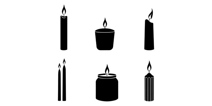 Black silhouette vector illustration of candle icons, decorative flame symbols, spiritual light design, religious ceremony template, illumination concept, user interface element set
