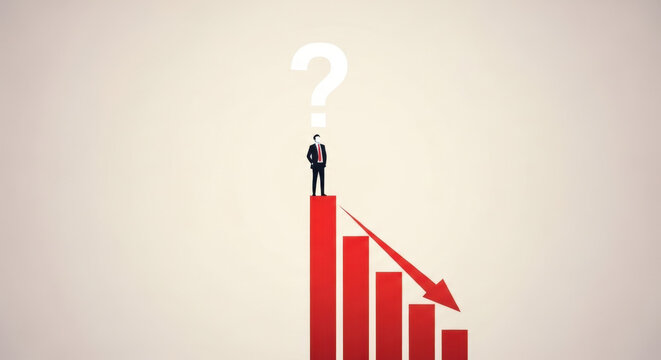 Businessman Standing on Decreasing Bar Graph with Question Mark Financial Problem Economic Crisis Uncertainty Recession Concern Doubtful Future Concept