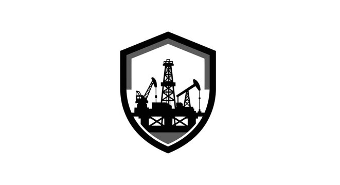 Oil drilling rig silhouette inside a protective shield emblem.