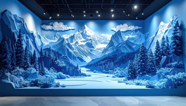 Vibrant blue mountain landscape stage set with 3D peaks.