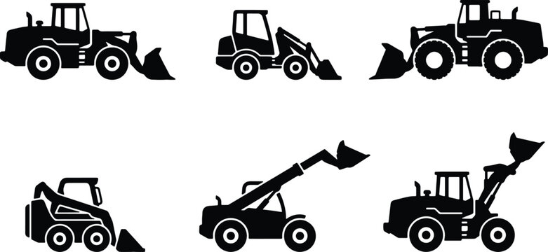 Construction Vehicle Icons: Front Loader, Skid Steer, Telehandler, Wheel Loader Set; Heavy Machinery Vector Graphics for Industry and Transport