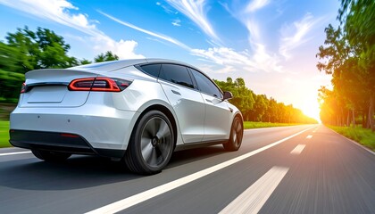 Fototapeta premium Silver Electric Car Driving on Road at Sunset.